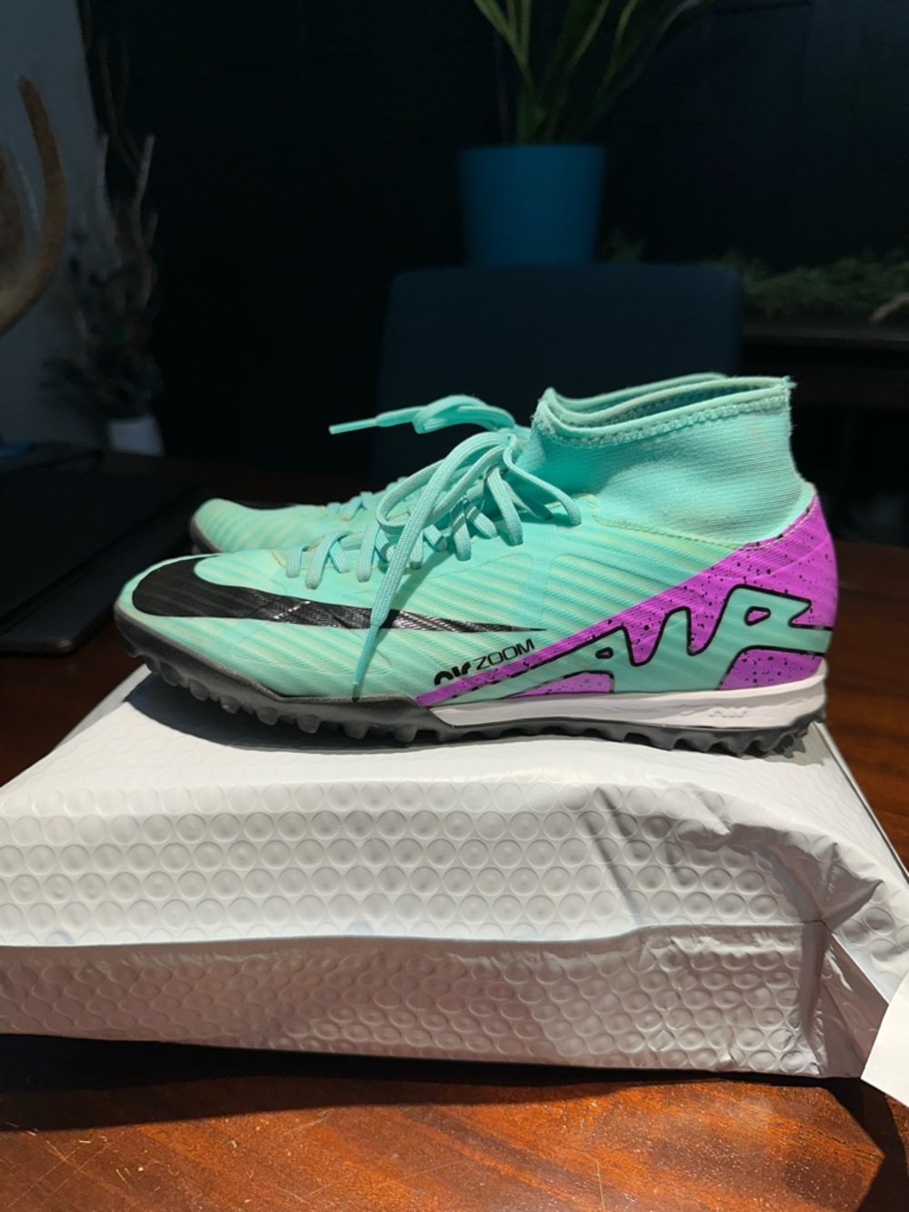 Nike Air Zoom Mercurial High-Top Turf Cleats in Mint Green & Purple Accent